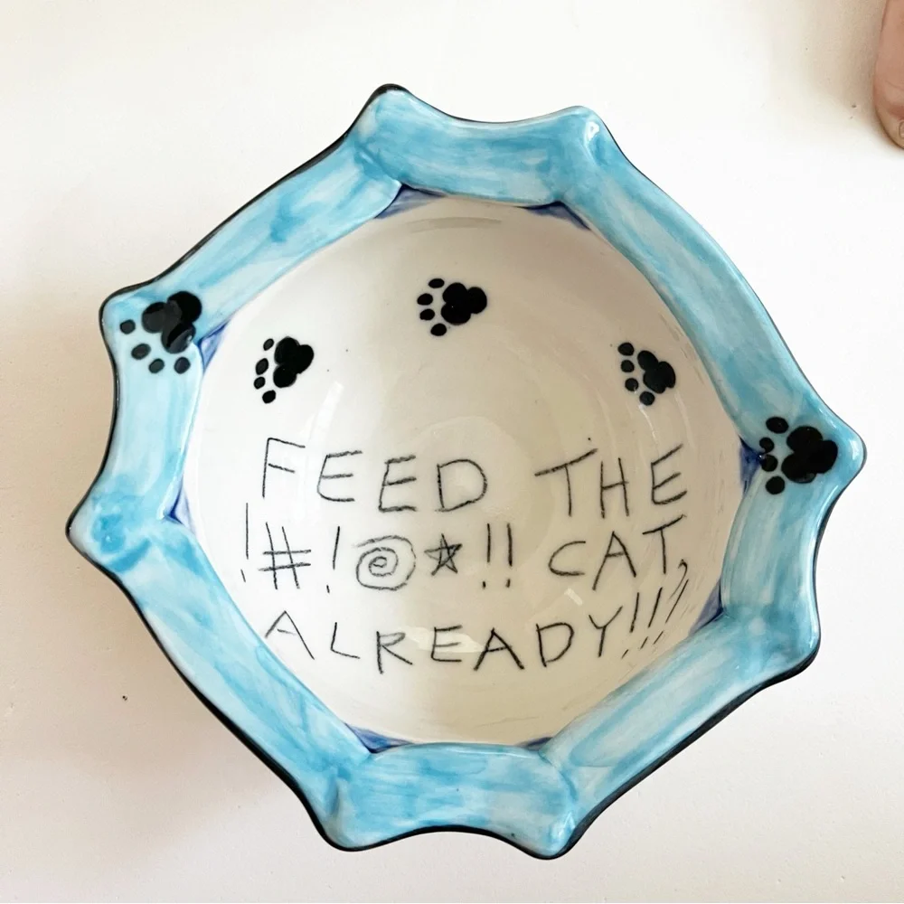 Feed the !#!@*!! Cat already! Blue and White Cat Bowl funny